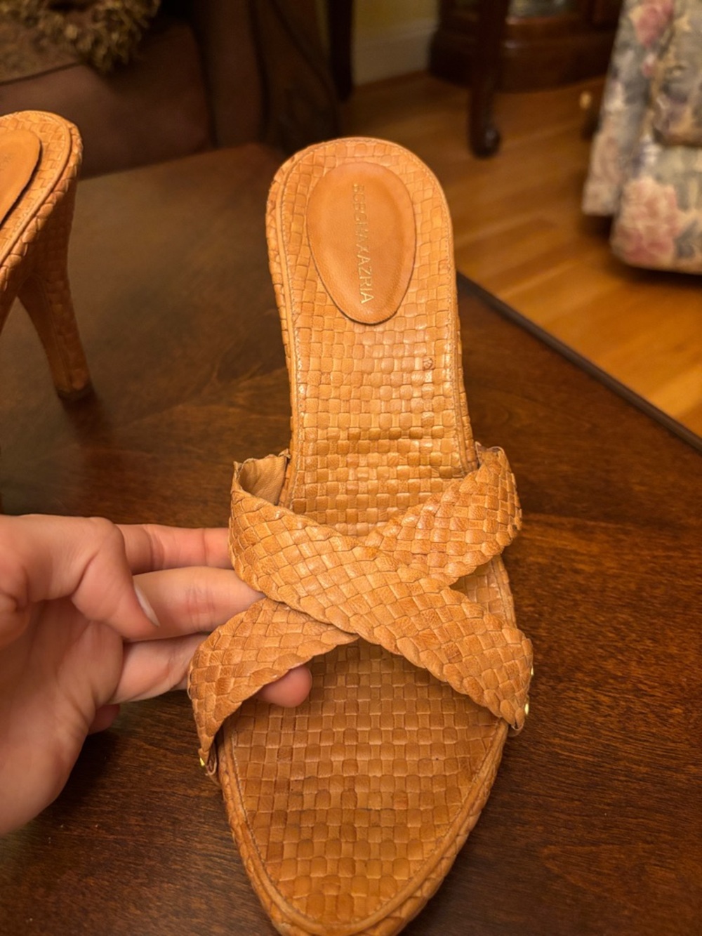 BCBGMaxAzria Woven Tan Leather Slide Heels